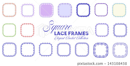 Square Lace Frame Set Purple Red Green Heart Crochet Border Vintage Wedding Card Elegant Vector Illustration Isolated 143108438