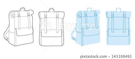 Everyday Expandable backpack silhouette bag. Fashion accessory technical illustration. Vector schoolbag front 3-4 view Everyday Expandable backpack silhouette bag. Fashion accessory technical illustration. Vector schoolbag front 3-4 view 143108491