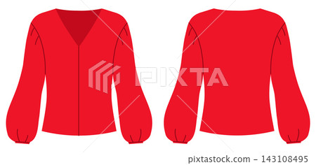 Red blouse with deep neckline, long puff sleeves and relaxed silhouette, smooth contour and minimal shaping. Technical fashion illustration in flat color, front and back views, modern apparel design. Red blouse with deep neckline, long puff sleeves and relaxed silhouette, smooth contour and minimal shaping. Technical fashion illustration in flat color, front and back views, modern apparel design. 143108495