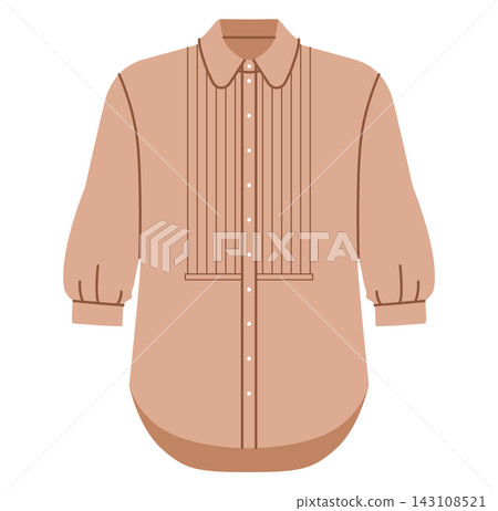 Beige longline shirt with vertical pintuck panel, collar and button closure. Technical fashion illustration front view in flat color, clean silhouette, modern clothing template. Beige longline shirt with vertical pintuck panel, collar and button closure. Technical fashion illustration front view in flat color, clean silhouette, modern clothing template. 143108521
