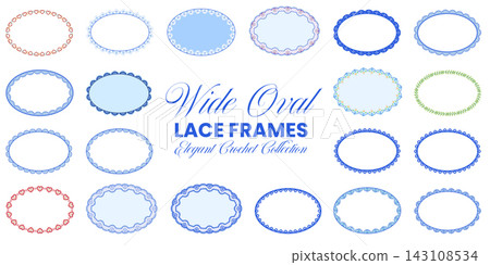 Wide Oval Lace Frame Set Blue Red Green Heart Crochet Border Vintage Wedding Card Vector Illustration Isolated 143108534