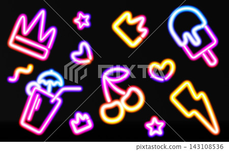 Pop art neon sign collection, glowing LED cocktail, cherry, crown, heart, stars for wall decoration of bar, casino, nightclub or ice cream shop. Colorful lights flashing party disco. 3D illustration 143108536
