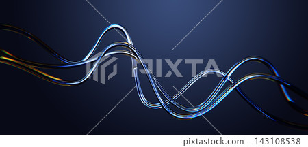 Abstract 3D liquid glass wavy lines with chromatic dispersion and blue gold neon reflections flowing on dark background. Dynamic curve swirl flows, glossy crystal tubes, water streams. 3D illustration 143108538
