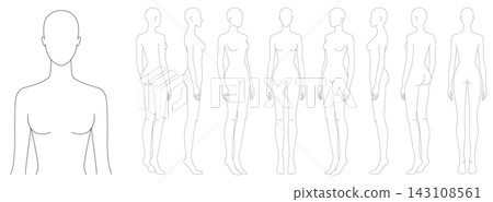 Fashion Body Template Female Figure Outline Standing Croquis Front Back Side Profile Views Line Vector Art Set Fashion Body Template Female Figure Outline Standing Croquis Front Back Side Profile Views Line Vector Art Set 143108561