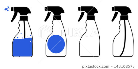 Spray bottle icon set liquid blue droplets circle tube outline cleaner mist nozzle vector pictogram logo design Spray bottle icon set liquid blue droplets circle tube outline cleaner mist nozzle vector pictogram logo design 143108573