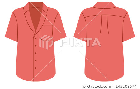 Coral short sleeve shirt with collar neckline, button closure and chest pocket detail. Technical fashion illustration in flat color, front and back views, clean silhouette, modern apparel design. 143108574