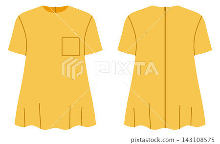 Yellow short sleeve top with flared hem and chest pocket detail, relaxed silhouette and clean neckline. Technical fashion illustration in flat color, front and back views, clean silhouette, modern Yellow short sleeve top with flared hem and chest pocket detail, relaxed silhouette and clean neckline. Technical fashion illustration in flat color, front and back views, clean silhouette, modern 143108575