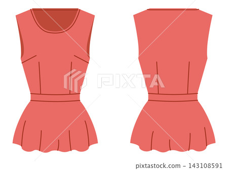 Coral sleeveless top with fitted waist shaping and soft flared hem. Technical fashion illustration in flat color, front and back views, clean silhouette, modern apparel design. Coral sleeveless top with fitted waist shaping and soft flared hem. Technical fashion illustration in flat color, front and back views, clean silhouette, modern apparel design. 143108591