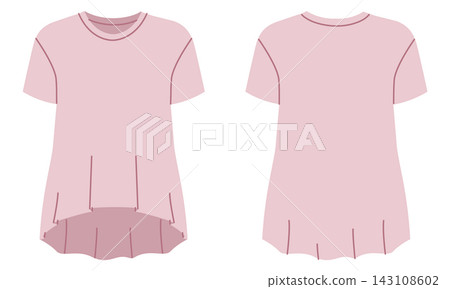 Pink short sleeve t shirt with flared hem and relaxed silhouette, clean neckline and soft structure. Technical fashion illustration in flat color, front and back views, modern apparel design. Pink short sleeve t shirt with flared hem and relaxed silhouette, clean neckline and soft structure. Technical fashion illustration in flat color, front and back views, modern apparel design. 143108602