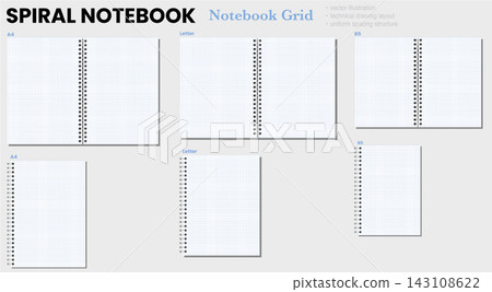 Graph Spiral Notebook Page Six Size Assortment White Blue Grid Silver Coil Printable Stationery Vector Artwork Graph Spiral Notebook Page Six Size Assortment White Blue Grid Silver Coil Printable Stationery Vector Artwork 143108622