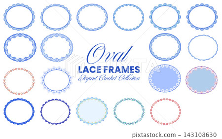 Oval Lace Frame Set Blue Red Heart Leaf Crochet Border Vintage Wedding Card Elegant Vector Illustration Isolated 143108630