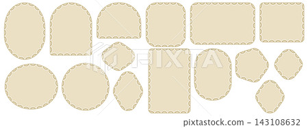 Bold Eyelet Scallop Lace Border Frame Set Beige Circle Oval Arch Diamond Rectangle Capsule Trim Vector Illustration Bold Eyelet Scallop Lace Border Frame Set Beige Circle Oval Arch Diamond Rectangle Capsule Trim Vector Illustration 143108632