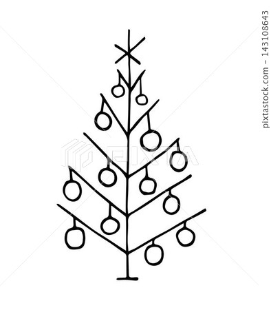 Simple vector black outline drawing. Christmas tree with balls, garland. For printing postcards, labels, New Year's design. Hand-drawn sketch. Simple vector black outline drawing. Christmas tree with balls, garland. For printing postcards, labels, New Year's design. Hand-drawn sketch. 143108643