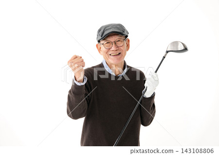 Senior man, hobby: golf, victory pose Senior man, hobby: golf, victory pose 143108806