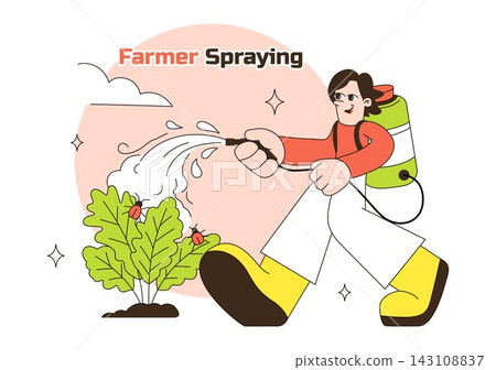 Farmer Spraying Pesticides Vector Illustration featuring Agricultural Worker Treating Crops with a Backpack Sprayer in a Flat Cartoon Farm Scene 143108837