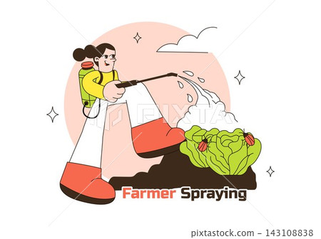 Farmer Spraying Pesticides Vector Illustration featuring Agricultural Worker Treating Crops with a Backpack Sprayer in a Flat Cartoon Farm Scene Farmer Spraying Pesticides Vector Illustration featuring Agricultural Worker Treating Crops with a Backpack Sprayer in a Flat Cartoon Farm Scene 143108838