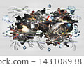 Digital Junk Collage art with Human Hands and Floating Metallic Spheres, Conceptual Abstract Banner Representing Cyber Decay, Post-Internet Culture and Chaos 143108938