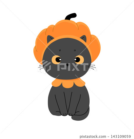 Cute Black Cat with Pumpkin Halloween Costume, Kawaii Halloween Illustration Cute Black Cat with Pumpkin Halloween Costume, Kawaii Halloween Illustration 143109059