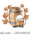 A wooden barrel and a glass mug with beer, a fish snack. Hand drawn watercolor illustration. A beer arrangement decorated with autumn leaves. For Oktoberfest, flyers, posters, invitations, and more. 143109235