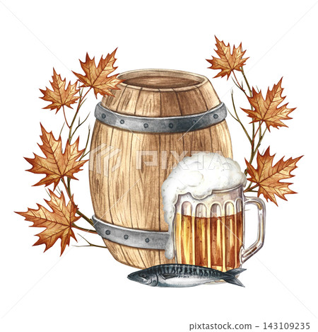 A wooden barrel and a glass mug with beer, a fish snack. Hand drawn watercolor illustration. A beer arrangement decorated with autumn leaves. For Oktoberfest, flyers, posters, invitations, and more. A wooden barrel and a glass mug with beer, a fish snack. Hand drawn watercolor illustration. A beer arrangement decorated with autumn leaves. For Oktoberfest, flyers, posters, invitations, and more. 143109235
