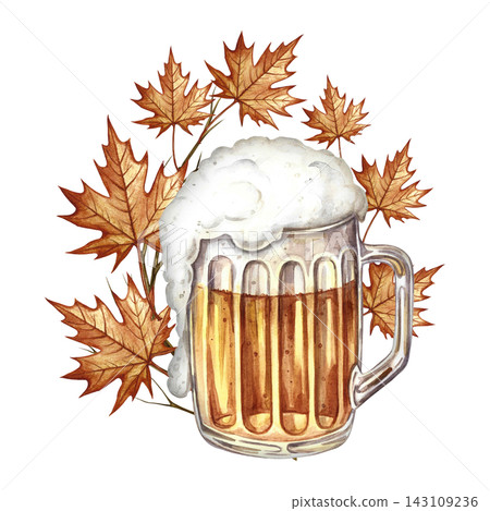 A beer mug decorated with autumn leaves. Hand drawn watercolor illustration. For Oktoberfest, flyers, posters, invitations. For pub or restaurant menus, labels, and much more. A beer mug decorated with autumn leaves. Hand drawn watercolor illustration. For Oktoberfest, flyers, posters, invitations. For pub or restaurant menus, labels, and much more. 143109236