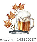 A mug of beer, a fish snack. Hand drawn watercolor illustration. Decorated with autumn leaves. For Oktoberfest, flyers, posters, invitations. For pub menus and much more. 143109237