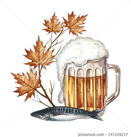 A mug of beer, a fish snack. Hand drawn watercolor illustration. Decorated with autumn leaves. For Oktoberfest, flyers, posters, invitations. For pub menus and much more. A mug of beer, a fish snack. Hand drawn watercolor illustration. Decorated with autumn leaves. For Oktoberfest, flyers, posters, invitations. For pub menus and much more. 143109237