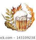 A mug with beer and autumn leaves, and a splash of beer. Hand drawn watercolor illustration. For Oktoberfest, flyers, posters, invitations. For pub or restaurant menus, labels, and much more. 143109238