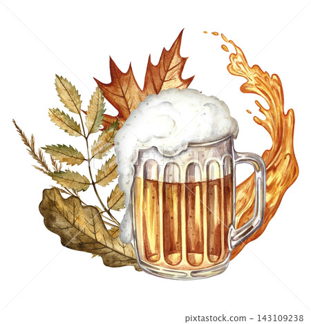 A mug with beer and autumn leaves, and a splash of beer. Hand drawn watercolor illustration. For Oktoberfest, flyers, posters, invitations. For pub or restaurant menus, labels, and much more. 143109238