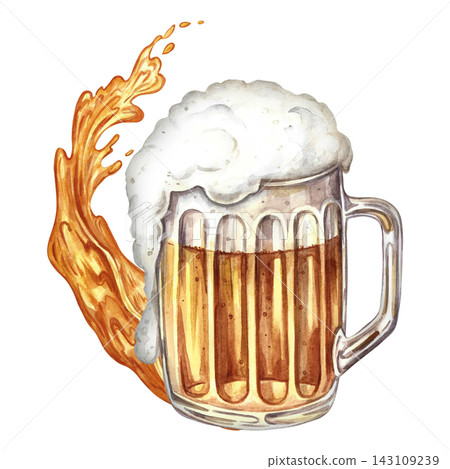 A glass mug with beer and a splash of beer. A hand drawn watercolor illustration. A design element for flyers, posters, party invitations. For a pub or restaurant menu, labels, and much more. A glass mug with beer and a splash of beer. A hand drawn watercolor illustration. A design element for flyers, posters, party invitations. For a pub or restaurant menu, labels, and much more. 143109239
