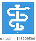 Pixel art rod of Asclepius medical symbol in white on blue background 143109500