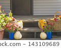 Autumn gardening still life; wicker baskets with ripe apples, squashes and bouquet of autumn flowers 143109689