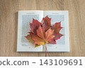 Autumn season concept; bouquet or red maple leaves on a open book and wooden background 143109691