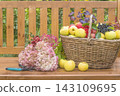 Wicker basket with ripe apples, berries and bunch of pink hydrangea flowers on a wooden bench in the garden; close up 143109695
