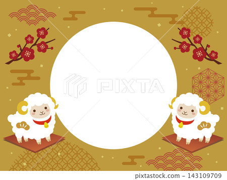 可愛的綿羊和梅花邊框插圖 可愛的綿羊和梅花邊框插圖 143109709