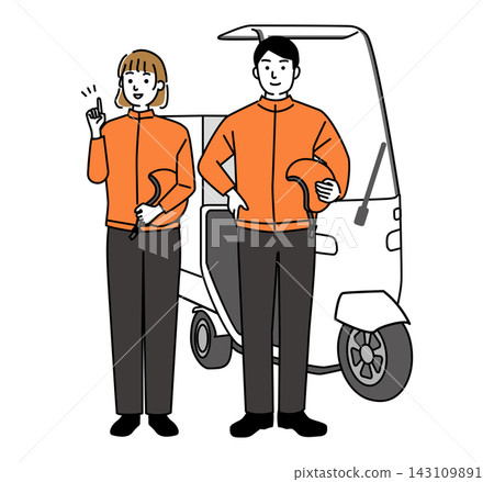 A young man and woman are delivery staff standing in front of a motorcycle. A young man and woman are delivery staff standing in front of a motorcycle. 143109891