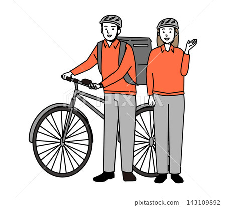 站在自行車前的送貨員:一名年輕男子和一名年輕女子。 站在自行車前的送貨員:一名年輕男子和一名年輕女子。 143109892