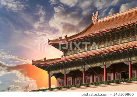 Tiananmen (or Gate of Heavenly Peace ) gate tower to the Forbidden City north of Tiananmen Square (against the sunset). Built in the 1600s in the Ming Dynasty. Beijing, China Tiananmen (or Gate of Heavenly Peace ) gate tower to the Forbidden City north of Tiananmen Square (against the sunset). Built in the 1600s in the Ming Dynasty. Beijing, China 143109900