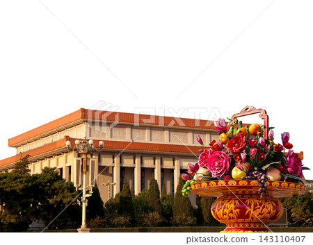 Mausoleum of Mao Zedong and huge flower basket (carved, on white background), Tiananmen Square, Beijing, China Mausoleum of Mao Zedong and huge flower basket (carved, on white background), Tiananmen Square, Beijing, China 143110407
