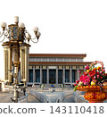 Mausoleum of Mao Zedong with street lamp and huge flower basket (carved, on white background), Tiananmen Square, Beijing, China 143110418