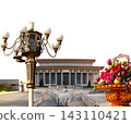 Mausoleum of Mao Zedong with street lamp and huge flower basket (carved, on white background), Tiananmen Square, Beijing, China 143110421