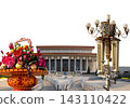 Mausoleum of Mao Zedong with street lamp and huge flower basket (carved, on white background), Tiananmen Square, Beijing, China 143110422
