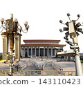 Mausoleum of Mao Zedong and street lamp (carved, on white background), Tiananmen Square, Beijing, China 143110423