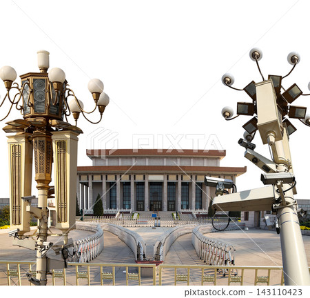 Mausoleum of Mao Zedong and street lamp (carved, on white background), Tiananmen Square, Beijing, China Mausoleum of Mao Zedong and street lamp (carved, on white background), Tiananmen Square, Beijing, China 143110423
