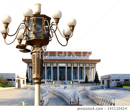 Mausoleum of Mao Zedong and street lamp (carved, on white background), Tiananmen Square, Beijing, China Mausoleum of Mao Zedong and street lamp (carved, on white background), Tiananmen Square, Beijing, China 143110424