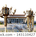 Mausoleum of Mao Zedong and street lamp (carved, on white background), Tiananmen Square, Beijing, China 143110427