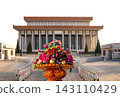 Mausoleum of Mao Zedong and huge flower basket (carved, on white background), Tiananmen Square, Beijing, China 143110429