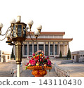 Mausoleum of Mao Zedong with street lamp and huge flower basket (carved, on white background), Tiananmen Square, Beijing, China 143110430