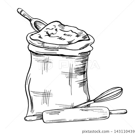 Vector illustration of a sack of flour, a spoon, a whisk, and a rolling pin. Suitable for bakery designs, food delivery services, kitchen textiles, menus, price tags, logos, and culinary blogs. Vector illustration of a sack of flour, a spoon, a whisk, and a rolling pin. Suitable for bakery designs, food delivery services, kitchen textiles, menus, price tags, logos, and culinary blogs. 143110439