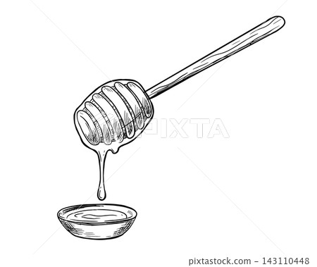 Wooden honey dipper with drips hand drawn sketch. Sweet organic food illustration. Vector sticky liquid pouring from traditional stick for bee products and natural syrup. Wooden honey dipper with drips hand drawn sketch. Sweet organic food illustration. Vector sticky liquid pouring from traditional stick for bee products and natural syrup. 143110448